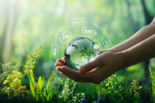 Hands holding a glowing earth globe with environmental icons symbolizing sustainability and growth