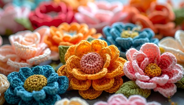 Close-up of handcrafted colorful knitted flowers
