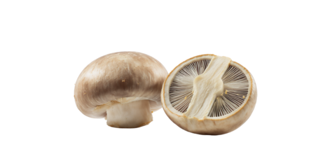 Close-up of two fresh brown mushrooms, one halved, against a clean white backdrop