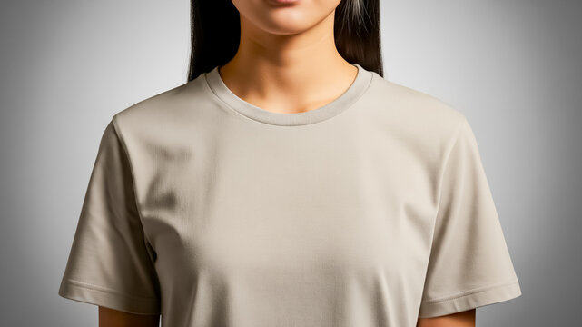 Realistic mockup of an Asian woman wearing plain beige cotton T-shirt, showing clean fabric texture and neutral lighting for fashion presentation.