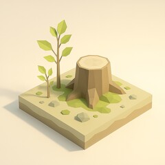 Minimal low poly tree stump diorama