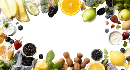 Colorful assortment of fresh fruits and vegetables arranged on a white surface, copy space