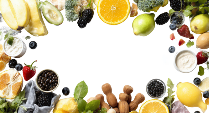 Colorful assortment of fresh fruits and vegetables arranged on a white surface, copy space