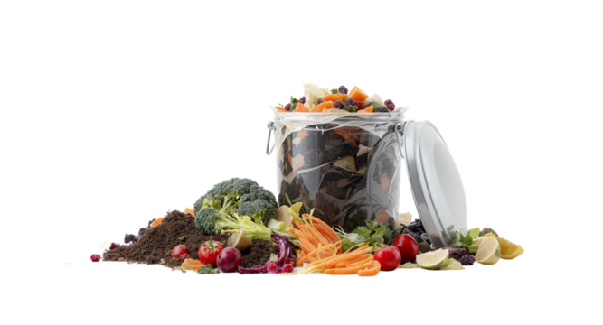 Composting of fresh vegetables in a glass container, on a white background.