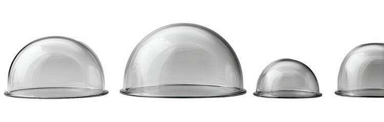 Four clear, dome-shaped glass covers lined up on a black background. They vary in size and shape
