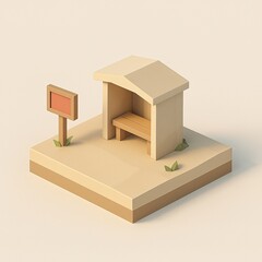Minimal low poly bus stop shelter diorama