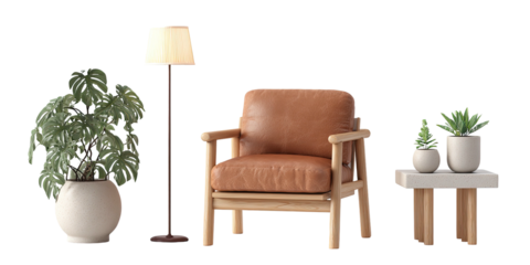Interior scene with a floor lamp, armchair, potted plants, and small side table with plants