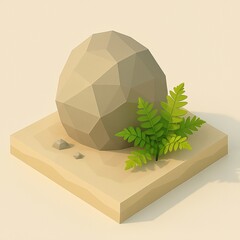Low-poly boulder with fern on sandy ground