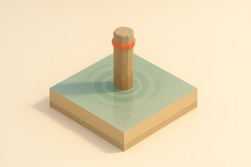 Low-poly wooden post in calm water