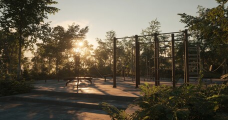 Obraz premium A serene outdoor gym area surrounded by trees and illuminated by the warm glow of sunset.