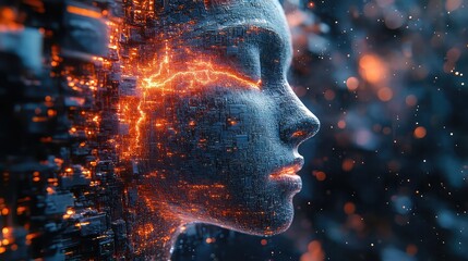 A close-up profile of a woman's face dissolving into glowing particles and digital fragments, symbolizing transformation or data.
