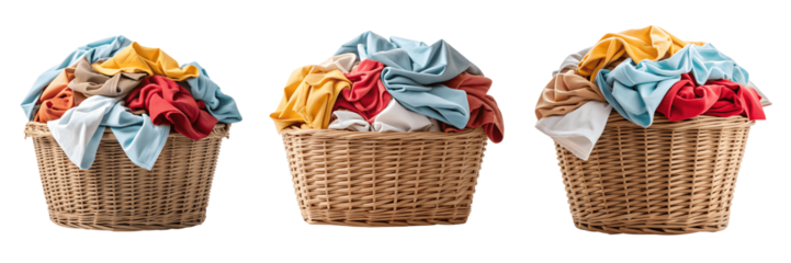 Three wicker baskets filled with colorful clothes isolated on transparent background