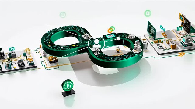 Abstract representation of digital infinity symbol connecting technology and innovation in a modern workspace