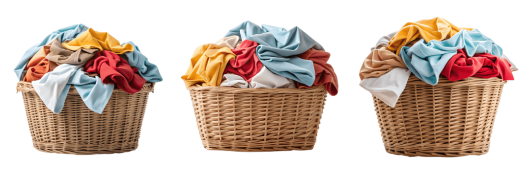 Three wicker baskets filled with colorful clothes isolated on transparent background