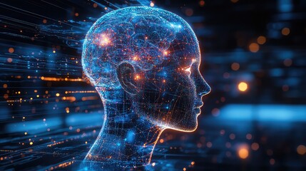 Abstract visualization of a human head composed of glowing blue digital particles and circuits, representing artificial intelligence and data flow.