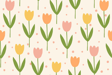 Charming pastel tulip seamless pattern with soft pink, yellow, and orange flowers on a beige background. Perfect for spring designs, fabric, and wallpaper.