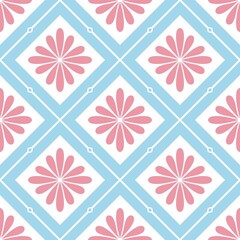 Pink Blue Square Floral Seamless Geometric Pattern 