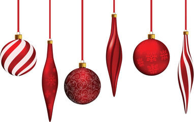 Vector. 3d Christmas decorative balls and finials isolated on white background. Holiday hanging decorations. Xmas tree red ornaments collection.