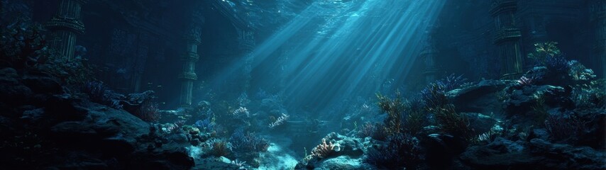 Obraz premium A serene underwater scene illuminated by sunlight filtering through the ocean .
