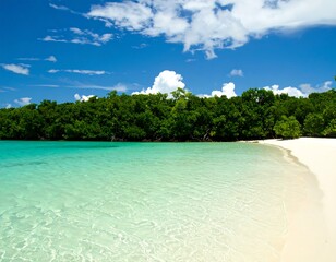 Tropical paradise scene Clear turquoise water, sandy beach, and lush green island