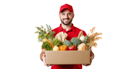 Delivery Person Holding a Box of Fresh Produce on Orange Background