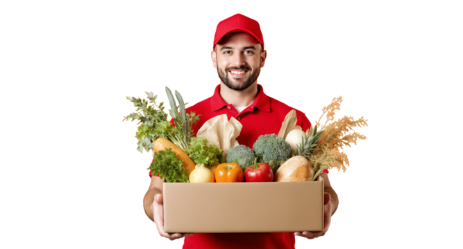 Delivery Person Holding a Box of Fresh Produce on Orange Background