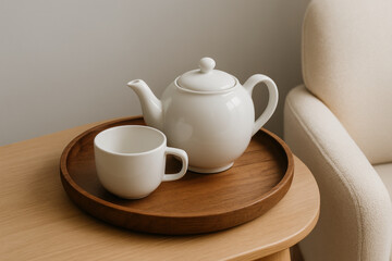 Fototapeta premium Minimalist white teapot and cup set on wooden tray, modern cozy home interior with soft natural lighting and neutral tones