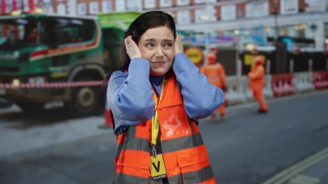Woman volunteer covers ears in noisy construction site wearing orange safety vest and blue sweater as workers and trucks operate behind her in an urban area.