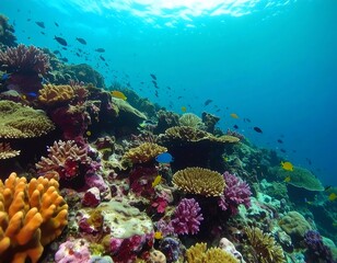 Underwater View of a Coral Reef with Abundant Marine Life