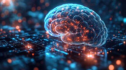 A glowing, futuristic representation of a human brain with intricate neural pathways and digital connections, symbolizing artificial intelligence and advanced technology.