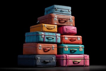 A colorful stack of vintage suitcases arranged artistically against a dark background.