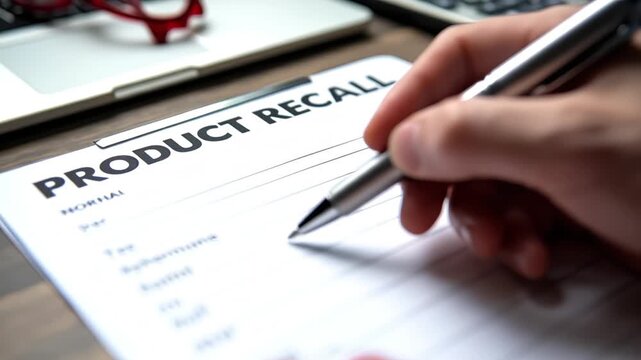 Filling out a product recall form with a pen on a clipboard with laptop nearby