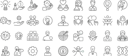 Business and innovation line icons collection with light bulb, teamwork, leadership, gear, target, success, heart, creativity, communication, strategy