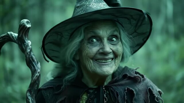 Portrait of a spooky old crone in a classic witch costume smiling menacingly in the dark woods for Halloween