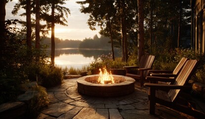 A cozy outdoor fire pit area with wooden chairs provides a relaxing place by a lake at sunset.