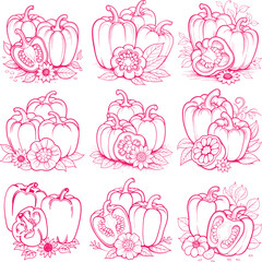 Pink and white vector illustration of bell peppers and leaves on a textured surface