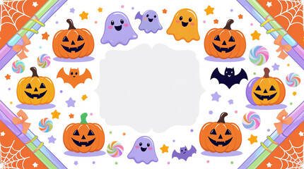 Obraz premium Cute Kid-Friendly Halloween Border: Cartoon Pumpkins, Ghosts, and Colorful Candy Frame