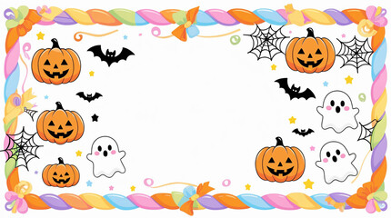 Cute Cartoon Halloween Border: Smiling Pumpkins, Ghosts, and Colorful Candy Rope Frame