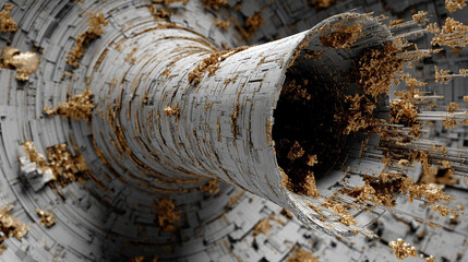 Gold, silver, and white data technology concept with funnel symbolizing flow and processing of vast data into insights, empty space reflecting chaos and potential
