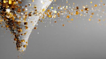 Gold, silver, and white data technology concept with funnel symbolizing flow and processing of vast data into insights, empty space reflecting chaos and potential