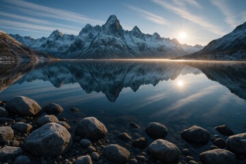 Mirror still alpine lake reflecting snow capped peaks beneath a dramatic winter sky