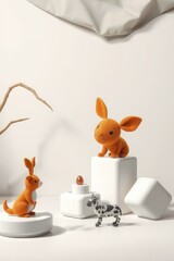 Abstract Still Life Featuring Orange Plush Animals and Geometric Shapes, no people.