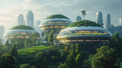 Futuristic eco-friendly city with organic-shaped buildings covered in greenery, set against a backdrop of modern skyscrapers.