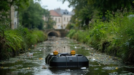 A floating robotic device collects trash from a polluted canal lined with overgrown vegetation.