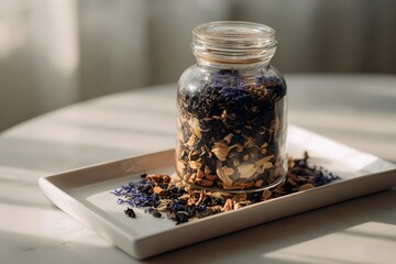 Herbal blends in glass jar kitchen table food arrangement natural light close-up aromatic wellness