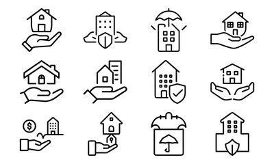 Property Insurance Line Icons – Home, Flood, Fire, Travel, and Security Protection Symbols – Minimalist Outline Vector Icon Set for Business, Finance, and Insurance Design