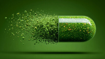 Green herbal medicine capsule flying on green background symbolizing natural health wellness alternative medicine vitality and holistic healing in modern healthcare visuals