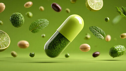 Green herbal medicine capsule flying on green background symbolizing natural health wellness alternative medicine vitality and holistic healing in modern healthcare visuals