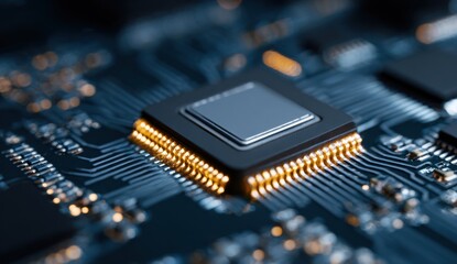 A detailed close-up of a modern computer chip on a circuit board, showcasing technology and connectivity.