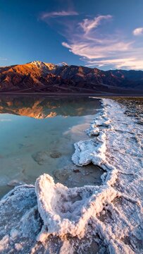 Coastal salt flats reflecting mountain range at sunset